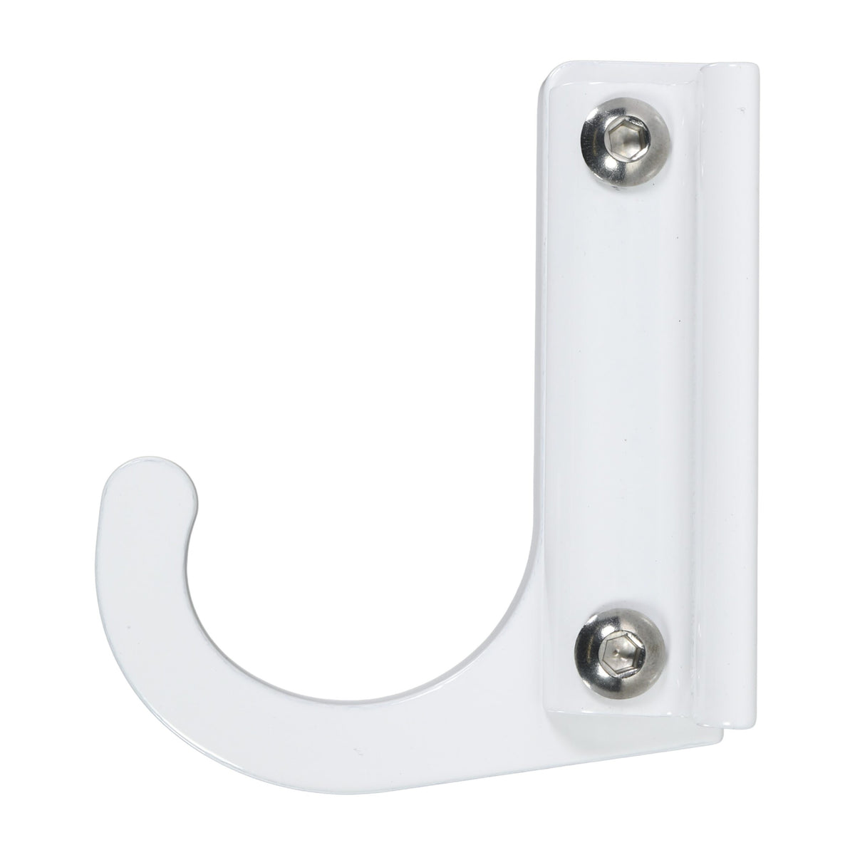 White wall-mounted hook on isolated background.