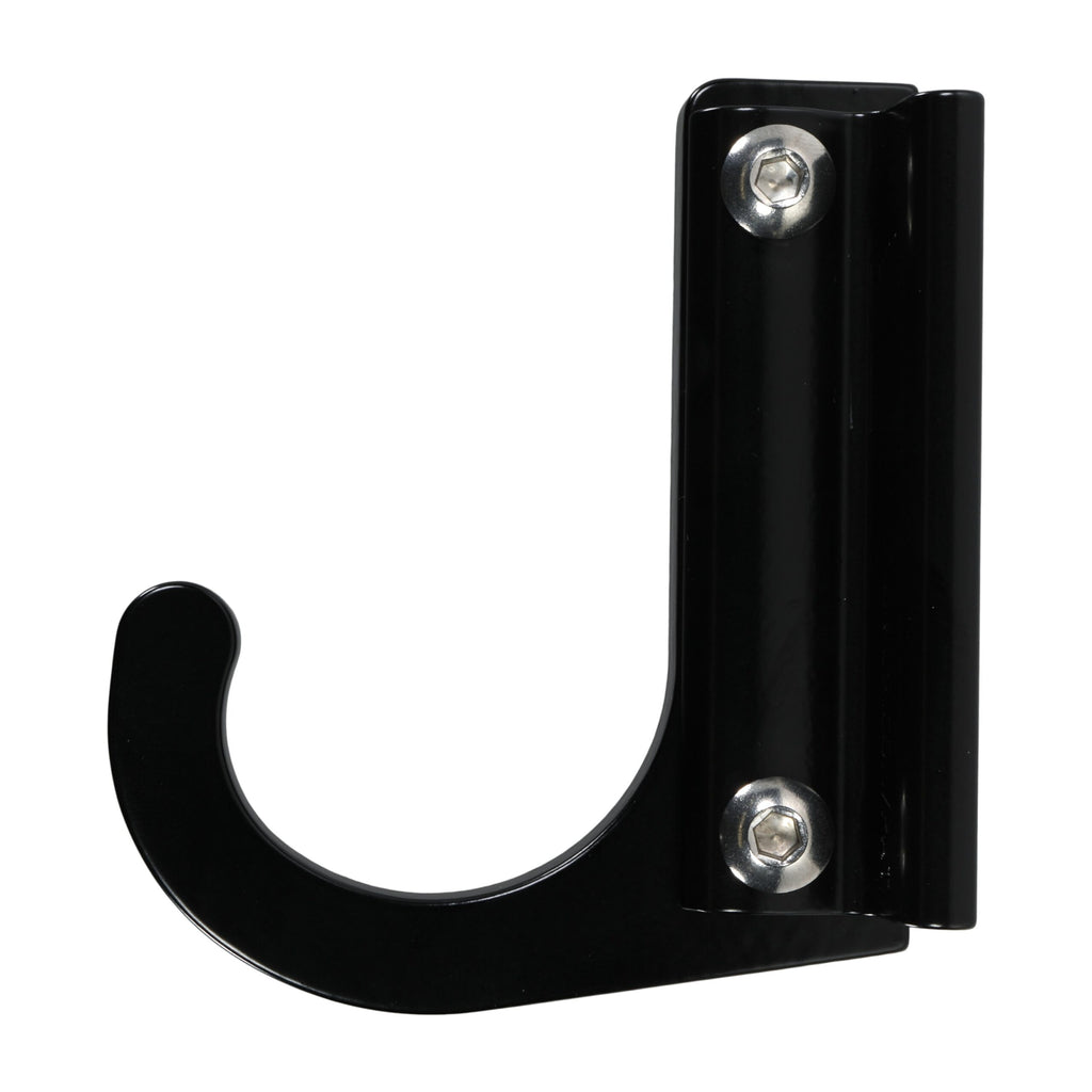 Black wall-mounted metal hook with screws