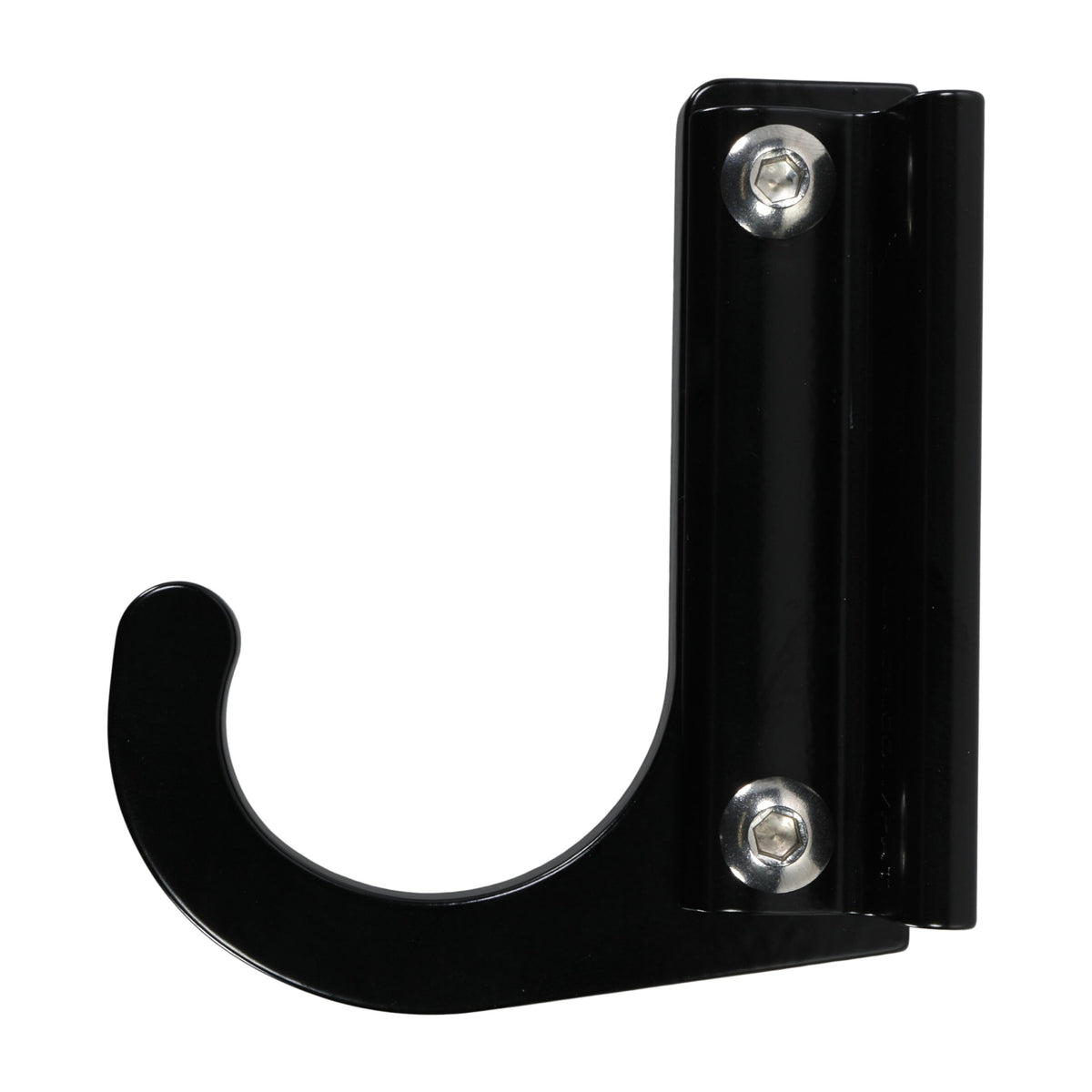 Black wall-mounted metal hook with screws