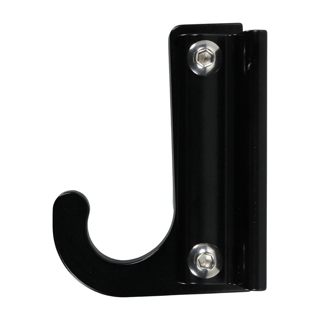 Black wall-mounted metal hook.
