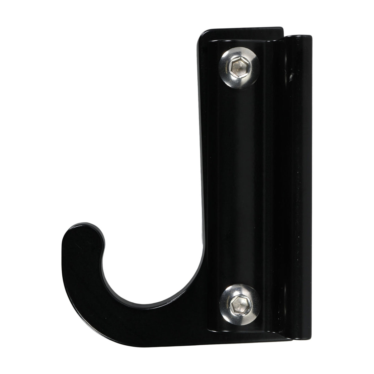 Black wall-mounted metal hook.