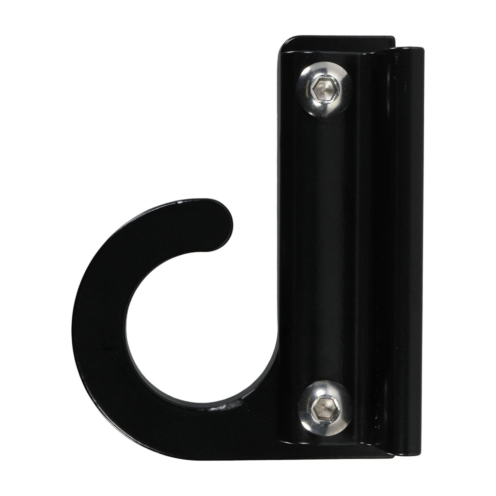 Black metal wall hook with screws.