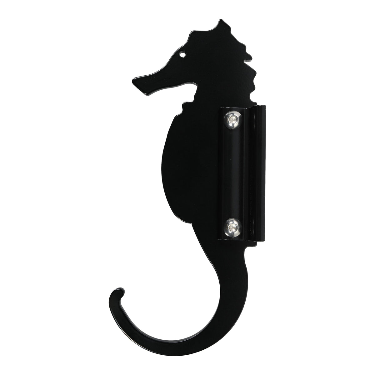 Black seahorse-shaped wall hook isolated on white.