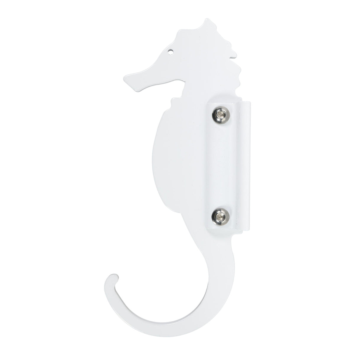 Seahorse-shaped white wall hook isolated on white background.