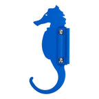Blue seahorse-shaped wall hook.