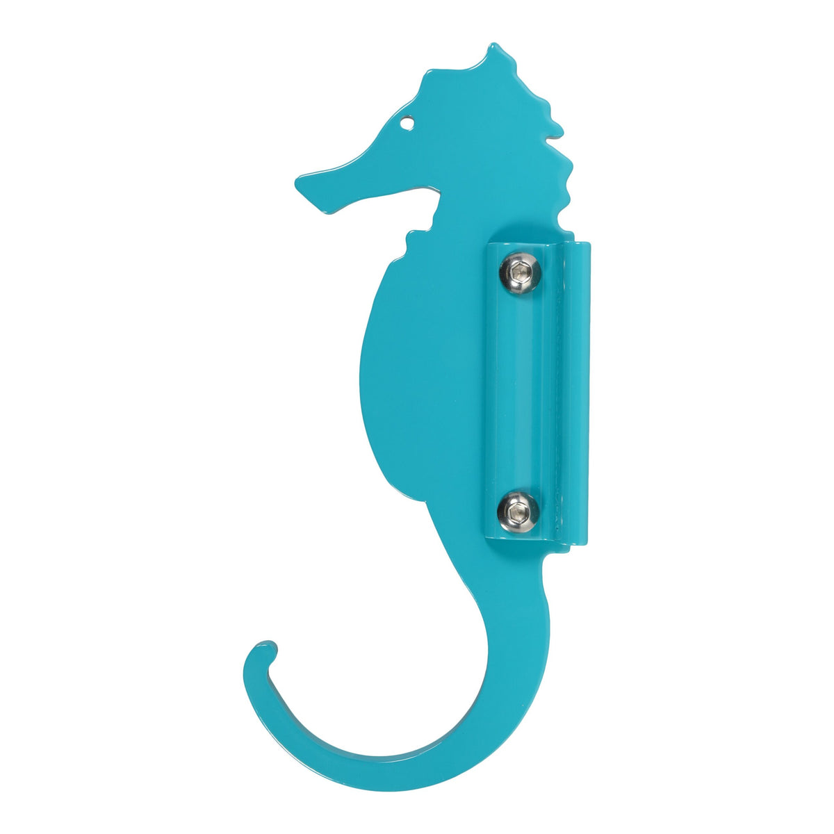 Turquoise seahorse-shaped wall hook.