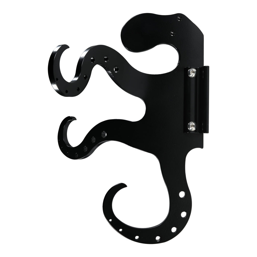 Black wall-mounted guitar hook isolated on white.