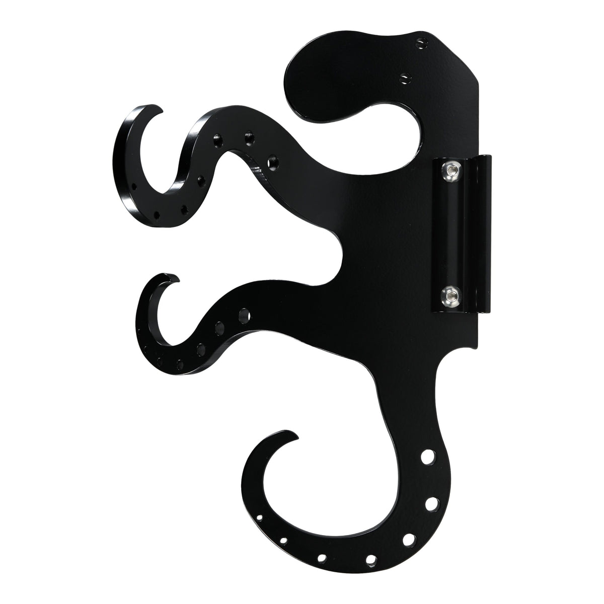 Black wall-mounted guitar hook isolated on white.