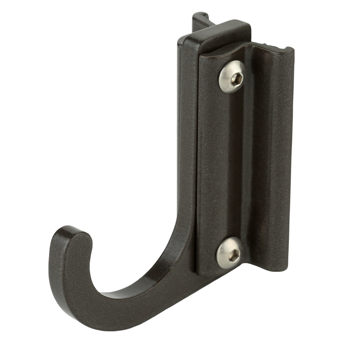 Black metal wall hook isolated on white background.