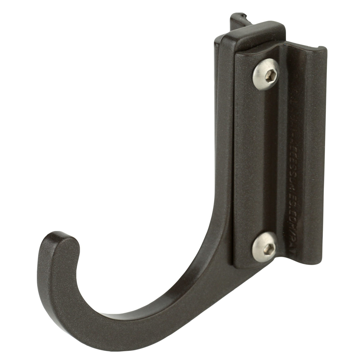 Wall-mounted black metal hook.