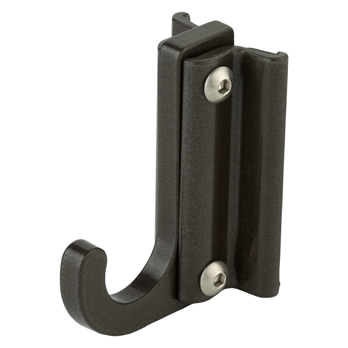 Black metal wall hook on white background.