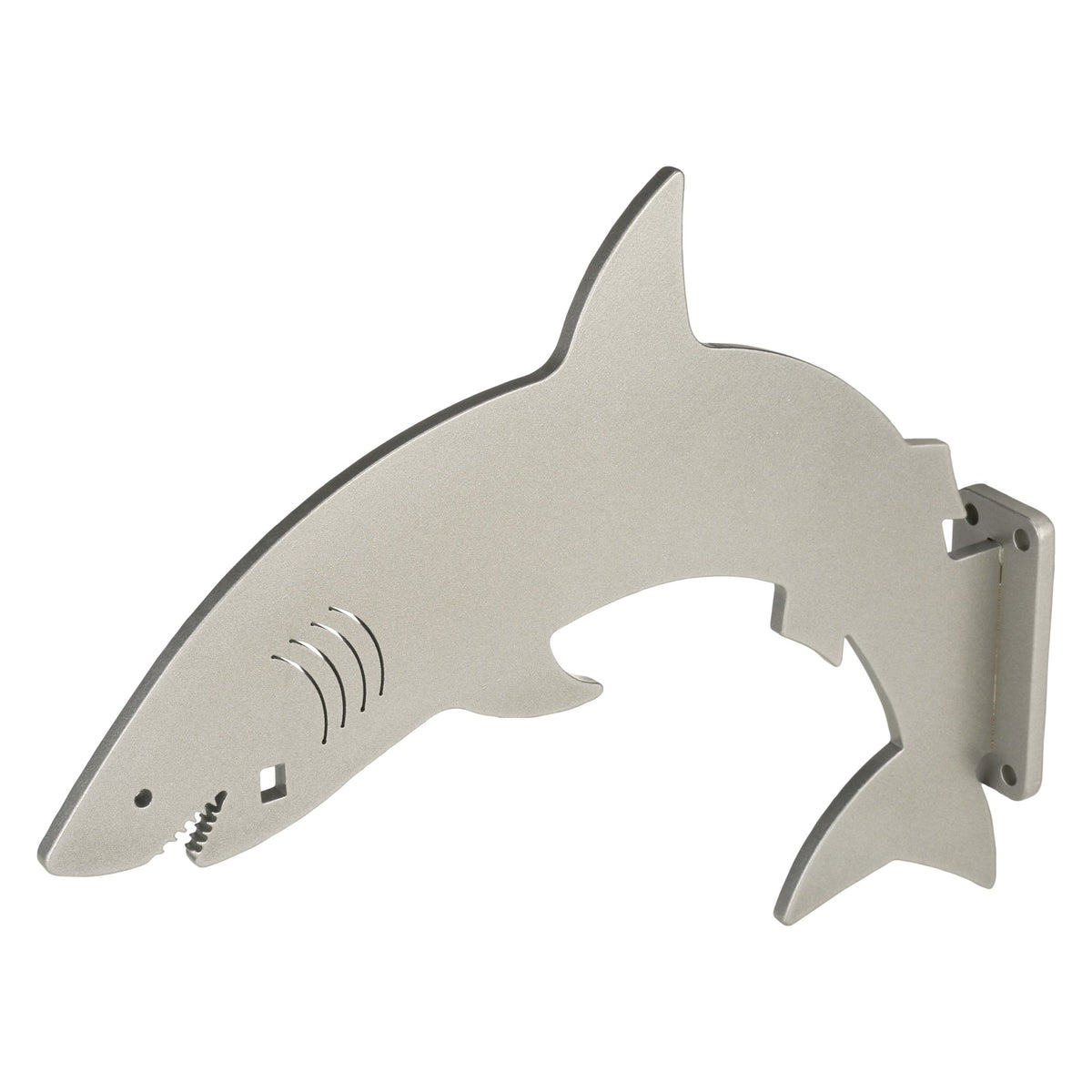 Silver Mist shark hanger on a flat wall-mount bracket.