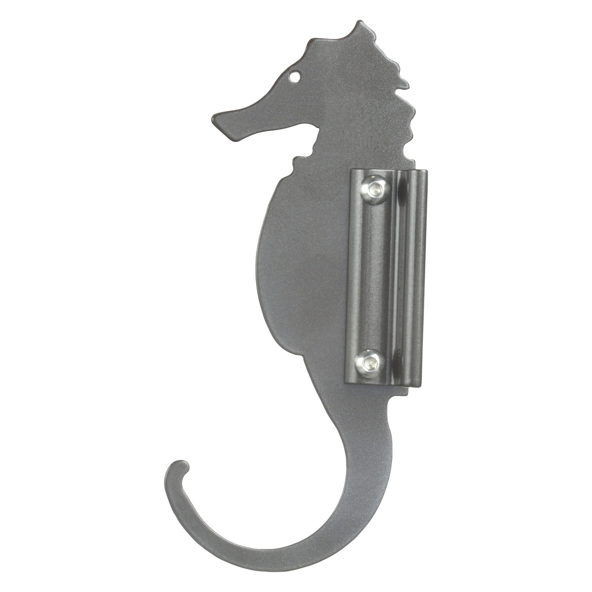 Seahorse-shaped metal wall hook.