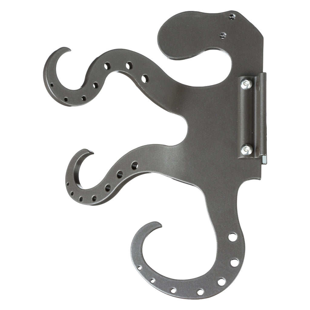Over-door metal bracket with decorative hooks on white background.