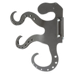 Over-door metal bracket with decorative hooks on white background.