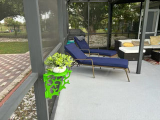 Outdoor patio with lounge chair and plant decoration.