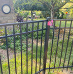 Garden with clock, metal fence, and pink flamingo.