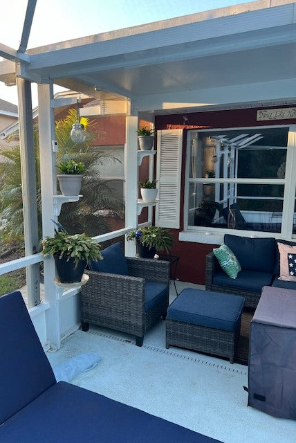 Cozy patio with plants and wicker furniture