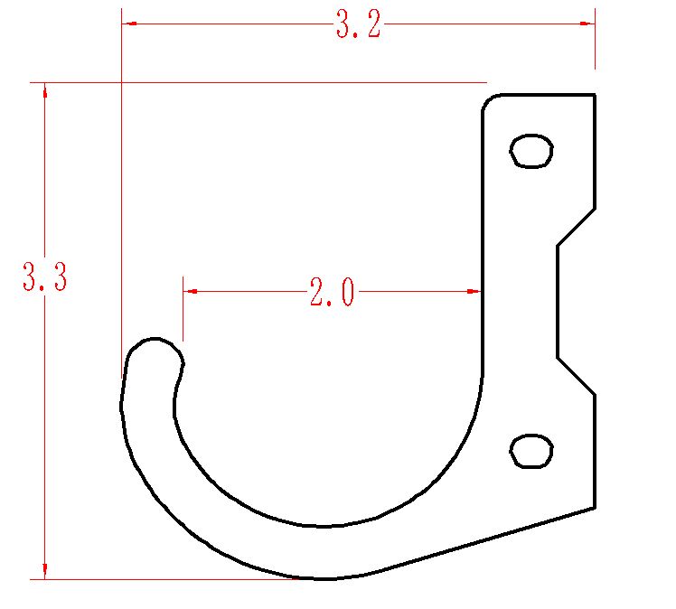 Technical drawing of a hook with dimensions.