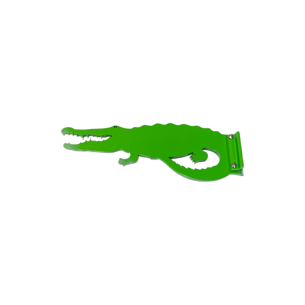 Green crocodile-shaped bottle opener on white background.