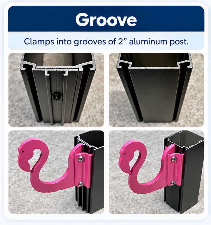 Grooved aluminum post with a flamingo hook clamped into its grooves.