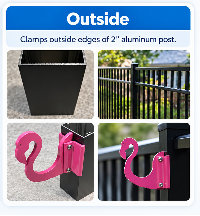 Flat aluminum post and black fence with a flamingo hook clamped on the outside edges.