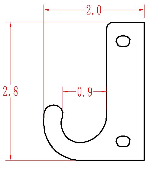 Technical drawing of a hook with dimensions.