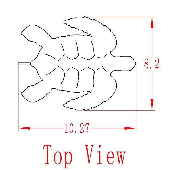 Top view outline of a sea turtle with dimensions.