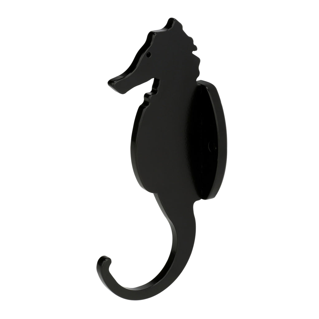 Black seahorse hook on a flat wall-mount base.