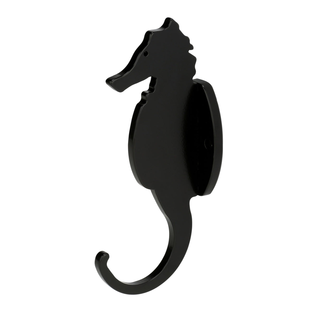 Black seahorse hook on a flat wall-mount base.