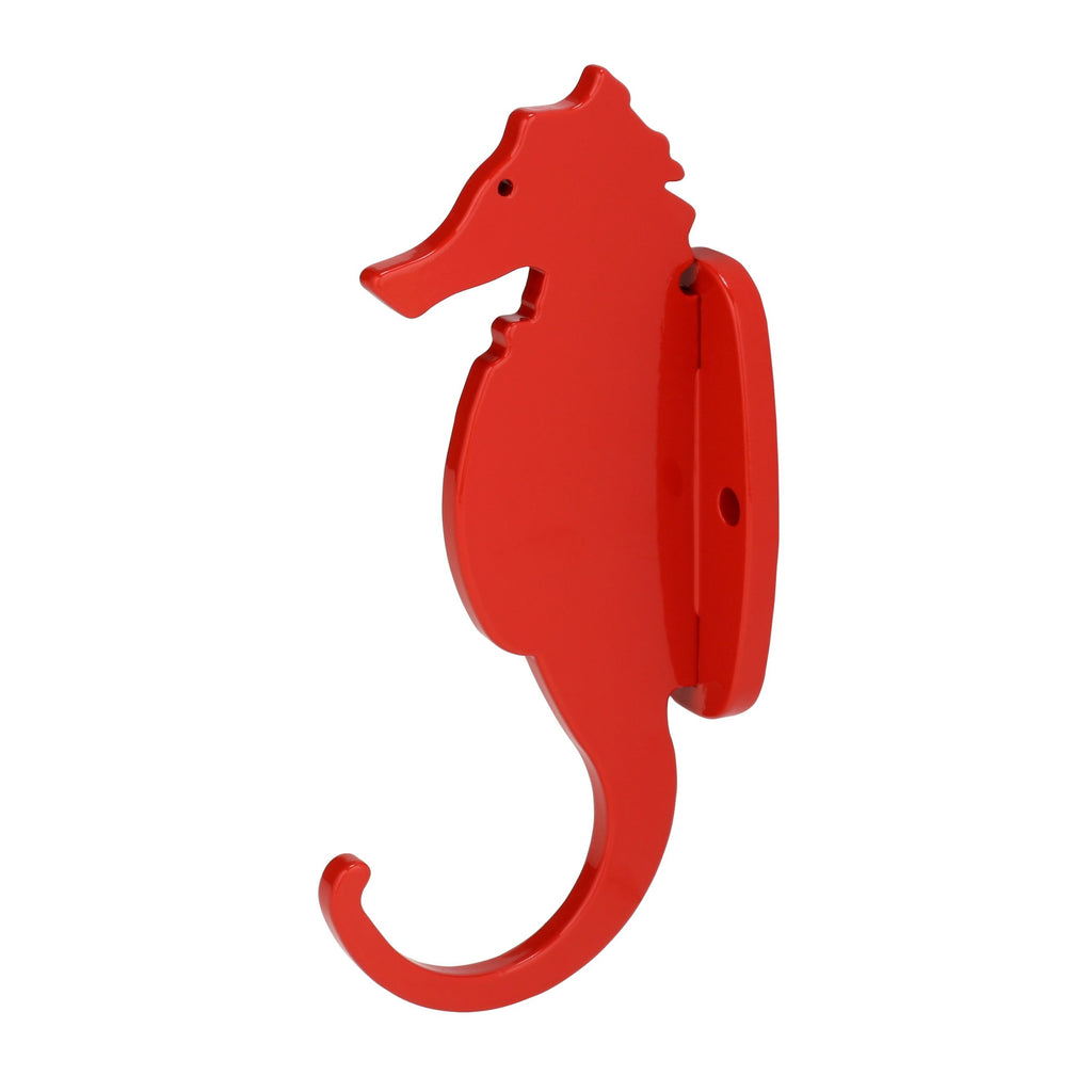 Firetruck Red seahorse hook on a flat wall-mount base.