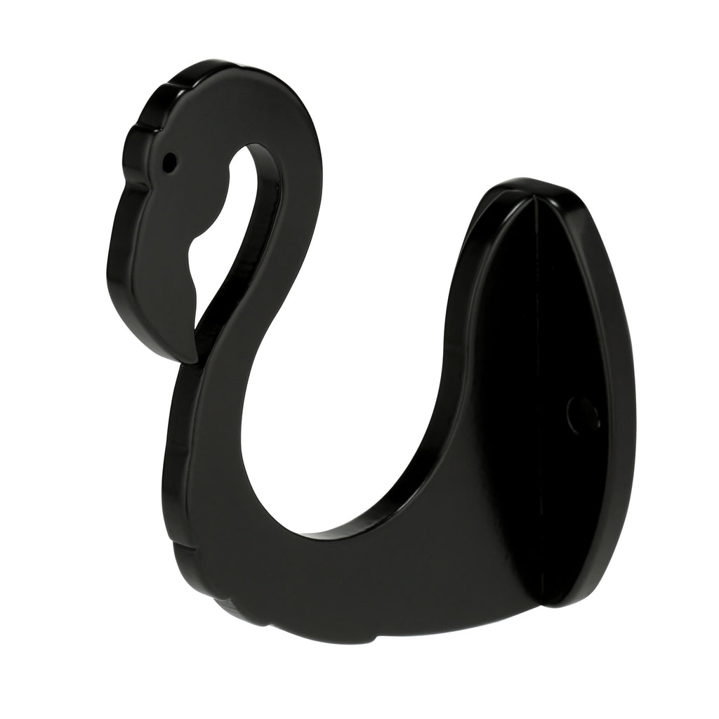 Black flamingo hook on a wall-mount base with a hole.