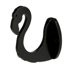 Black flamingo hook on a wall-mount base with a hole.
