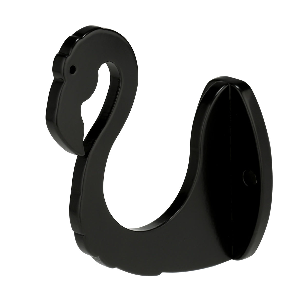 Black flamingo hook on a wall-mount base with a hole.