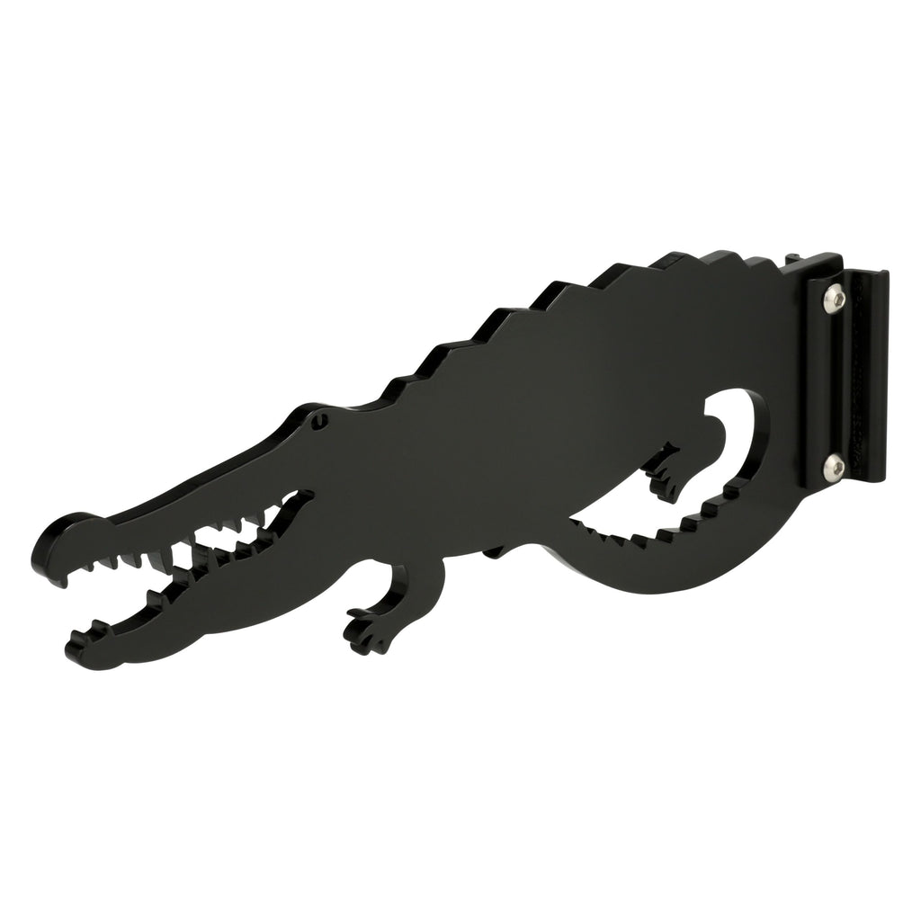 Black alligator-shaped wall hook on white background