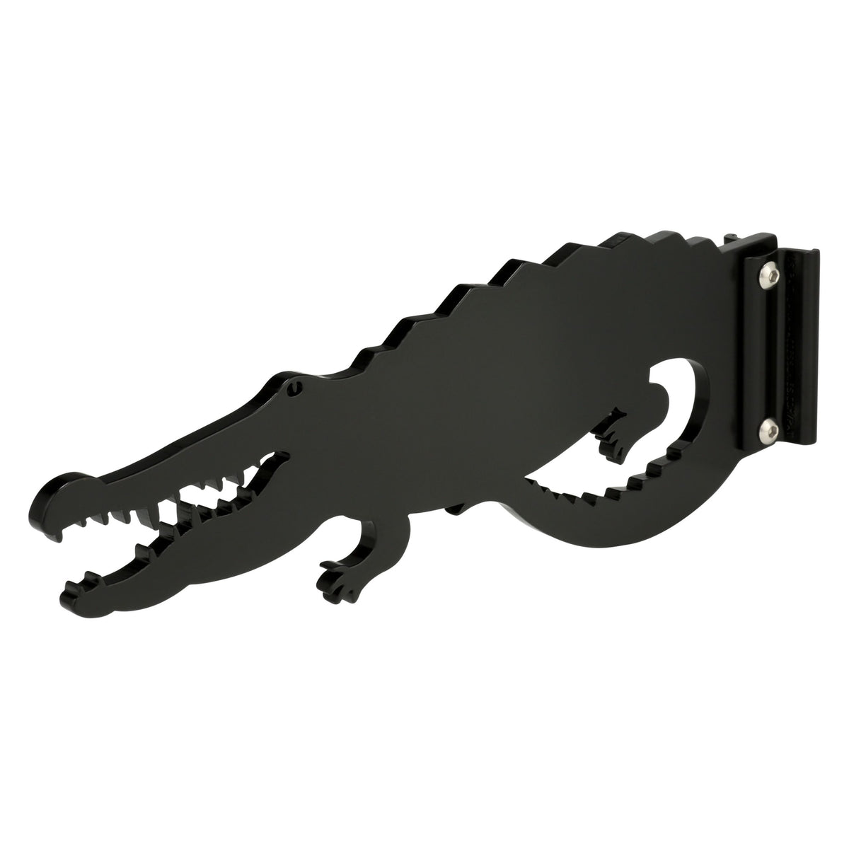 Black alligator-shaped wall hook on white background
