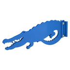 Blue crocodile-shaped coat rack on white background.