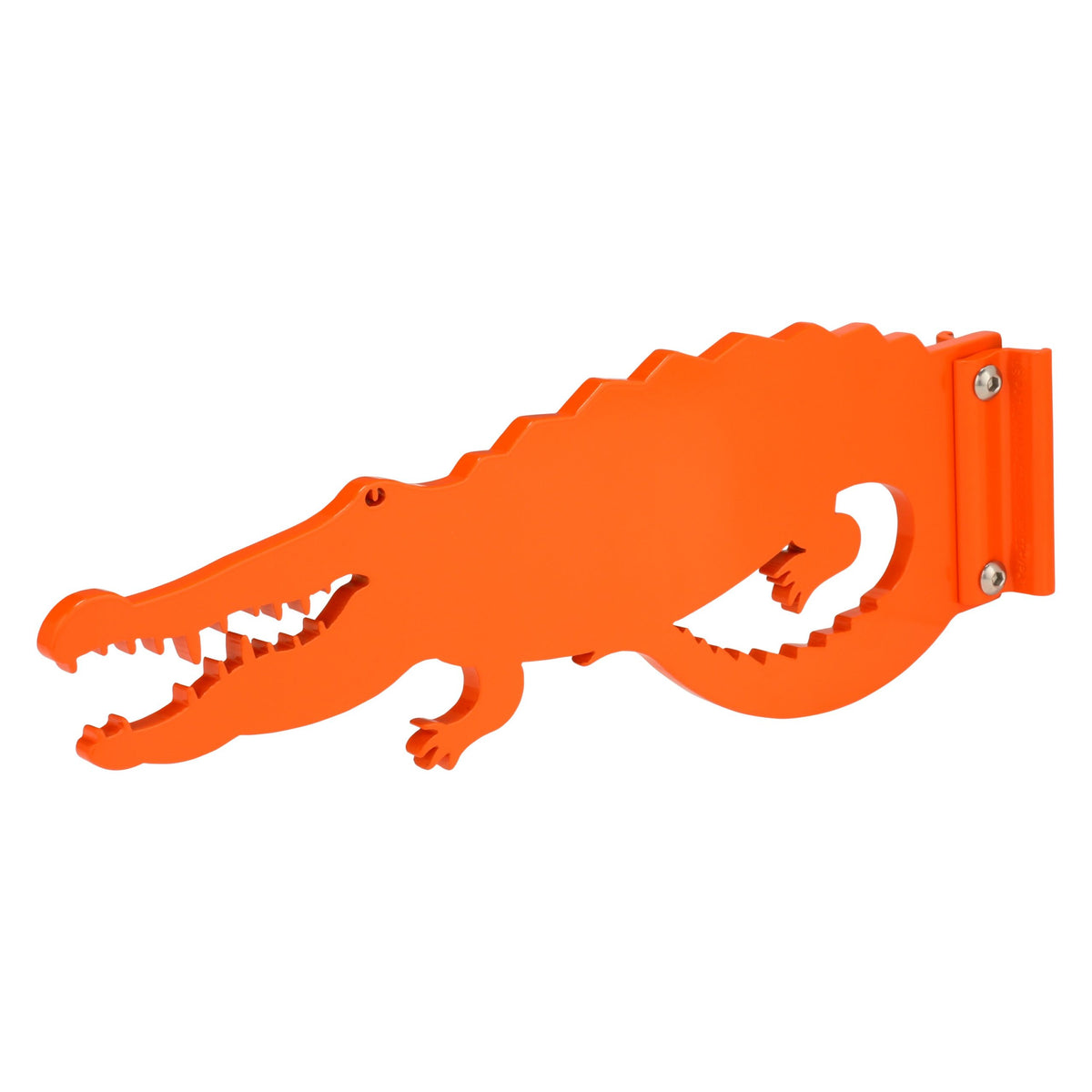Orange crocodile-shaped wall hook on white background.