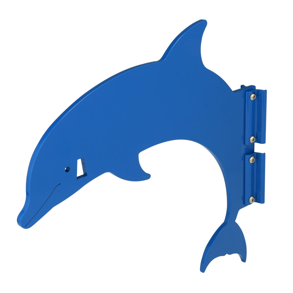 Blue dolphin-shaped flat object with hinges.