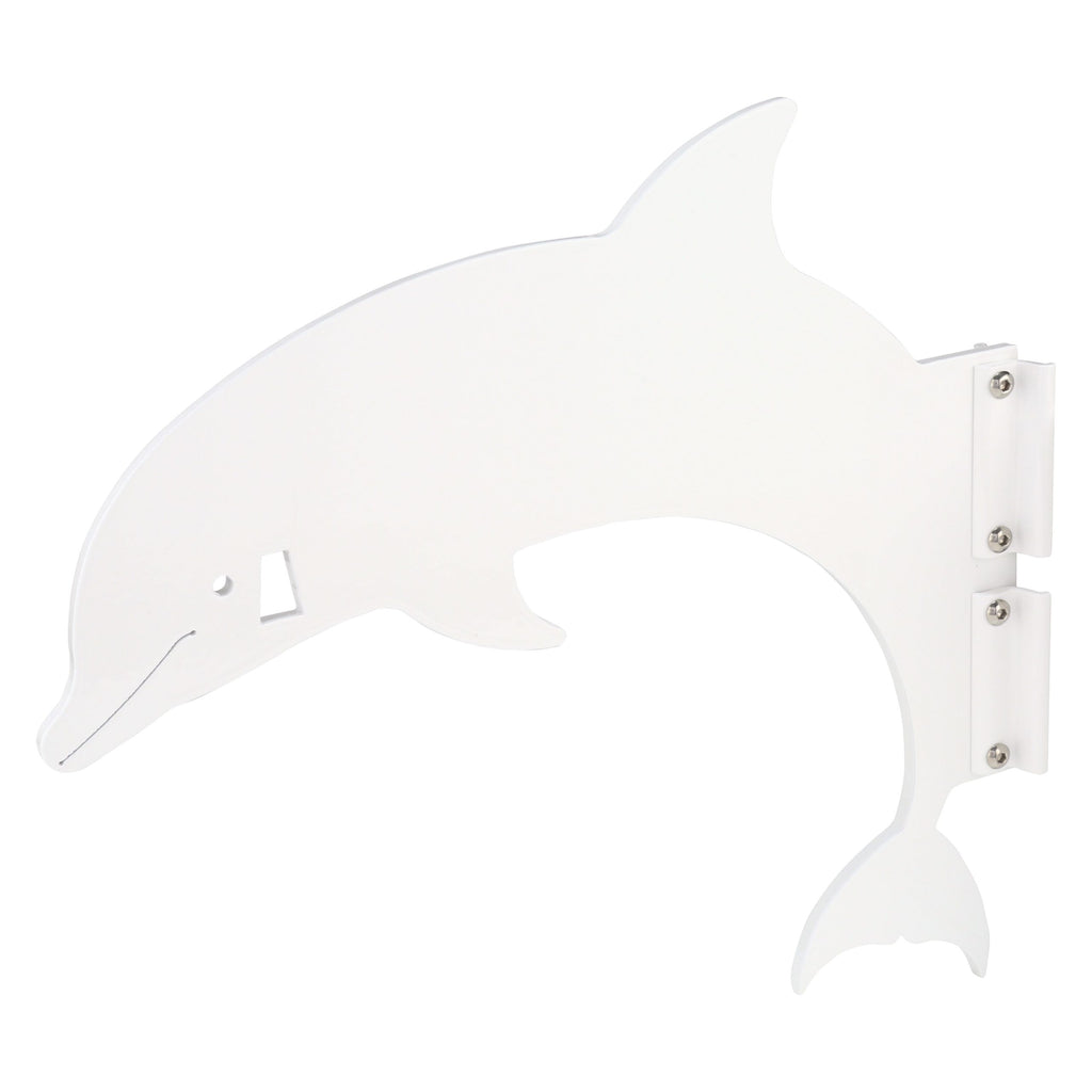 White dolphin-shaped wall decor piece.