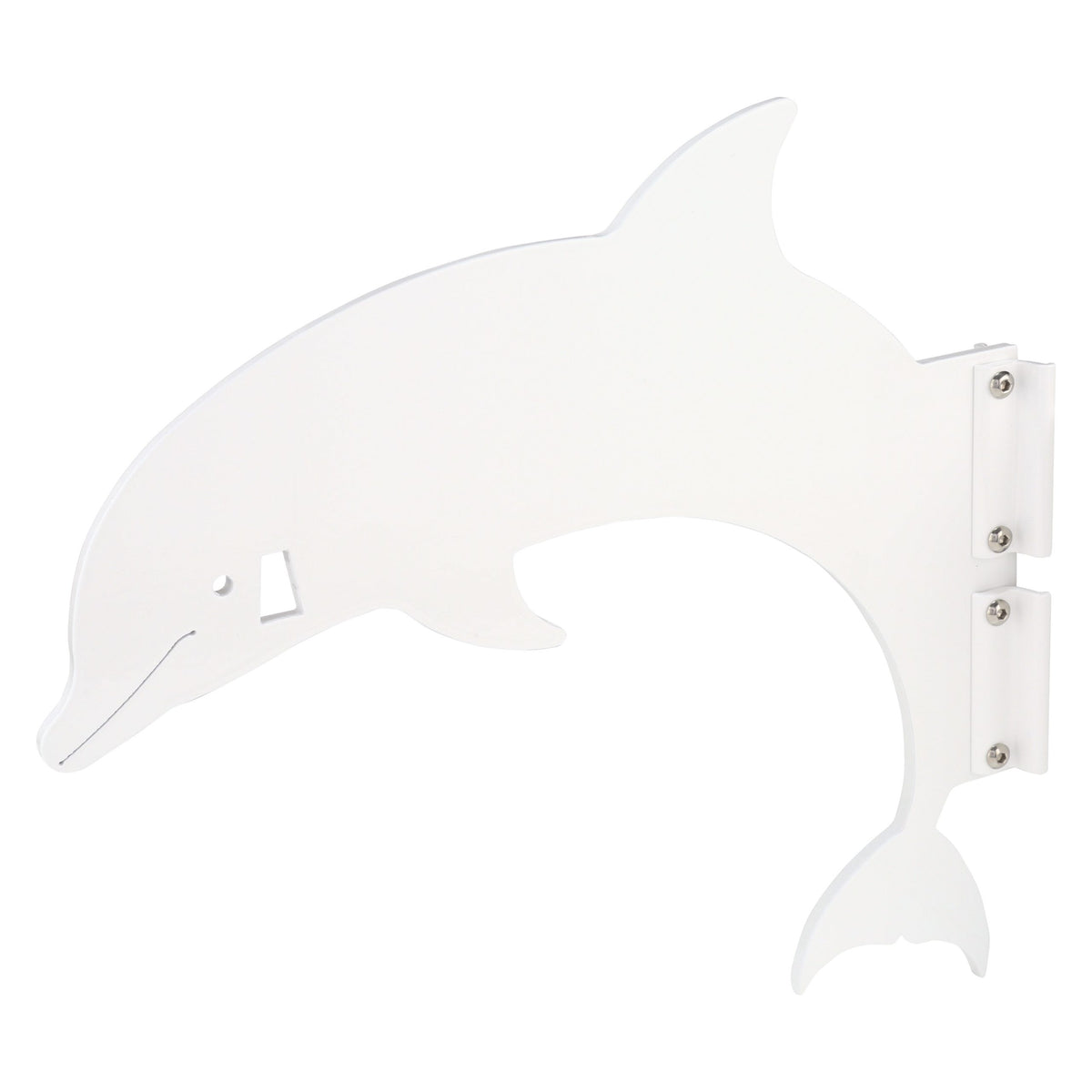 White dolphin-shaped wall decor piece.