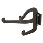 Wall-mounted black guitar hanger on white background.