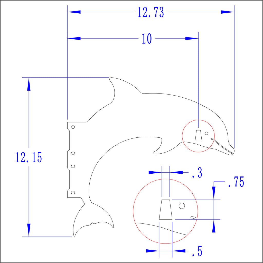 Technical drawing of a dolphin with dimensions.