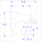 Technical drawing of a dolphin with dimensions.