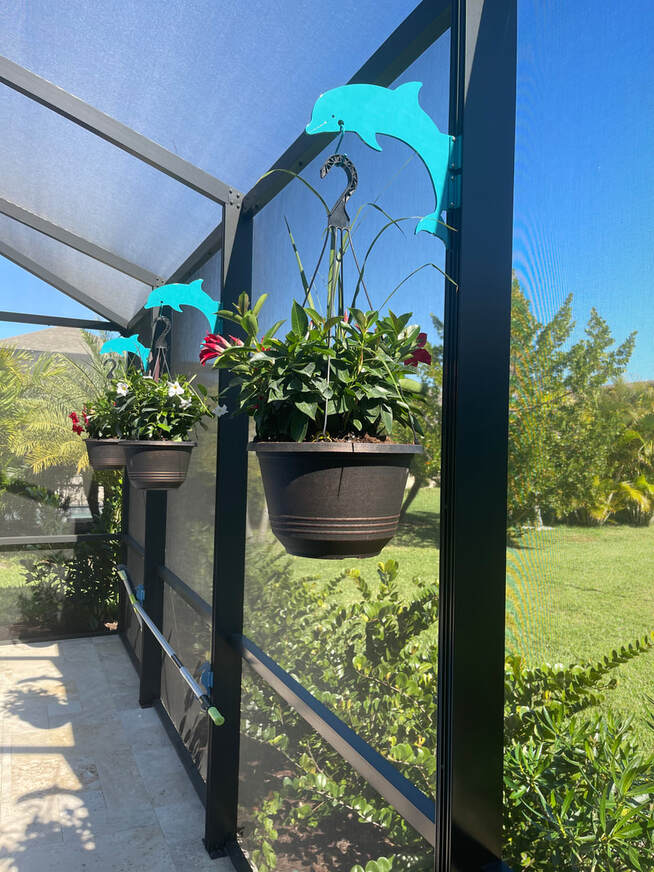 Teal dolphin hangers holding flower baskets in a dark enclosure.