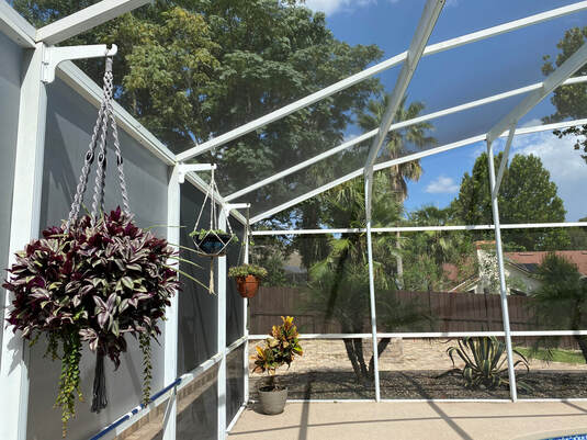 White classic hanger on a white pool-cage post holding a basket of purple trailing plants.