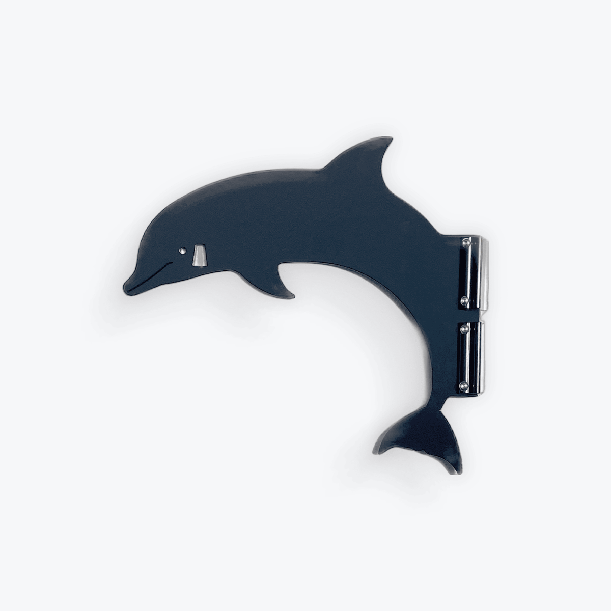 Dolphin-shaped door hinge in dark metal.