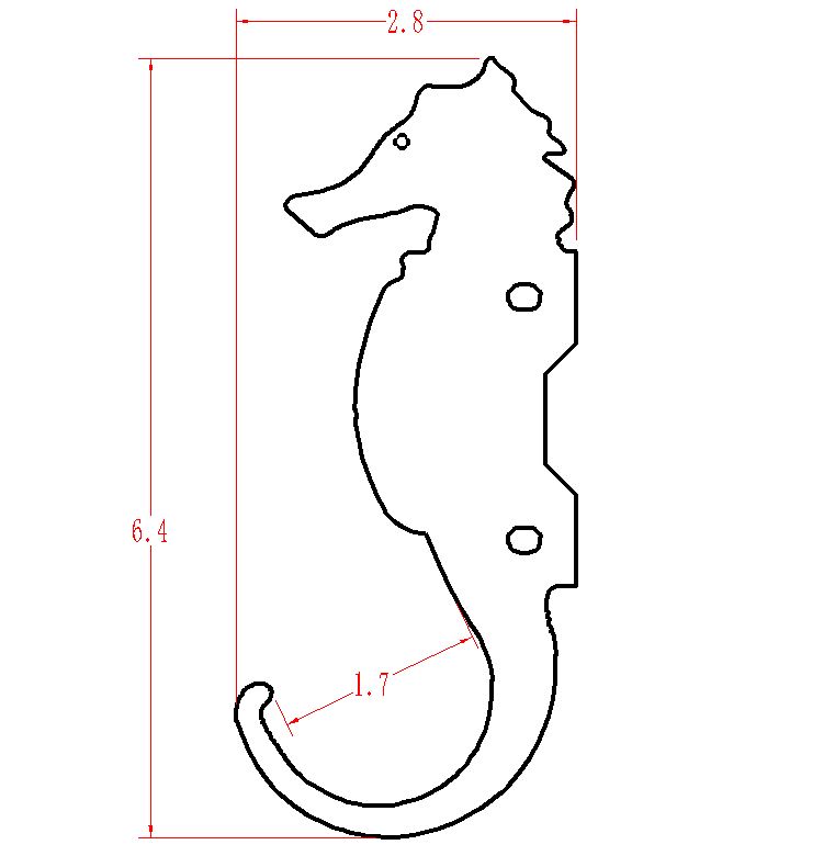 Outlined seahorse diagram with dimensions.